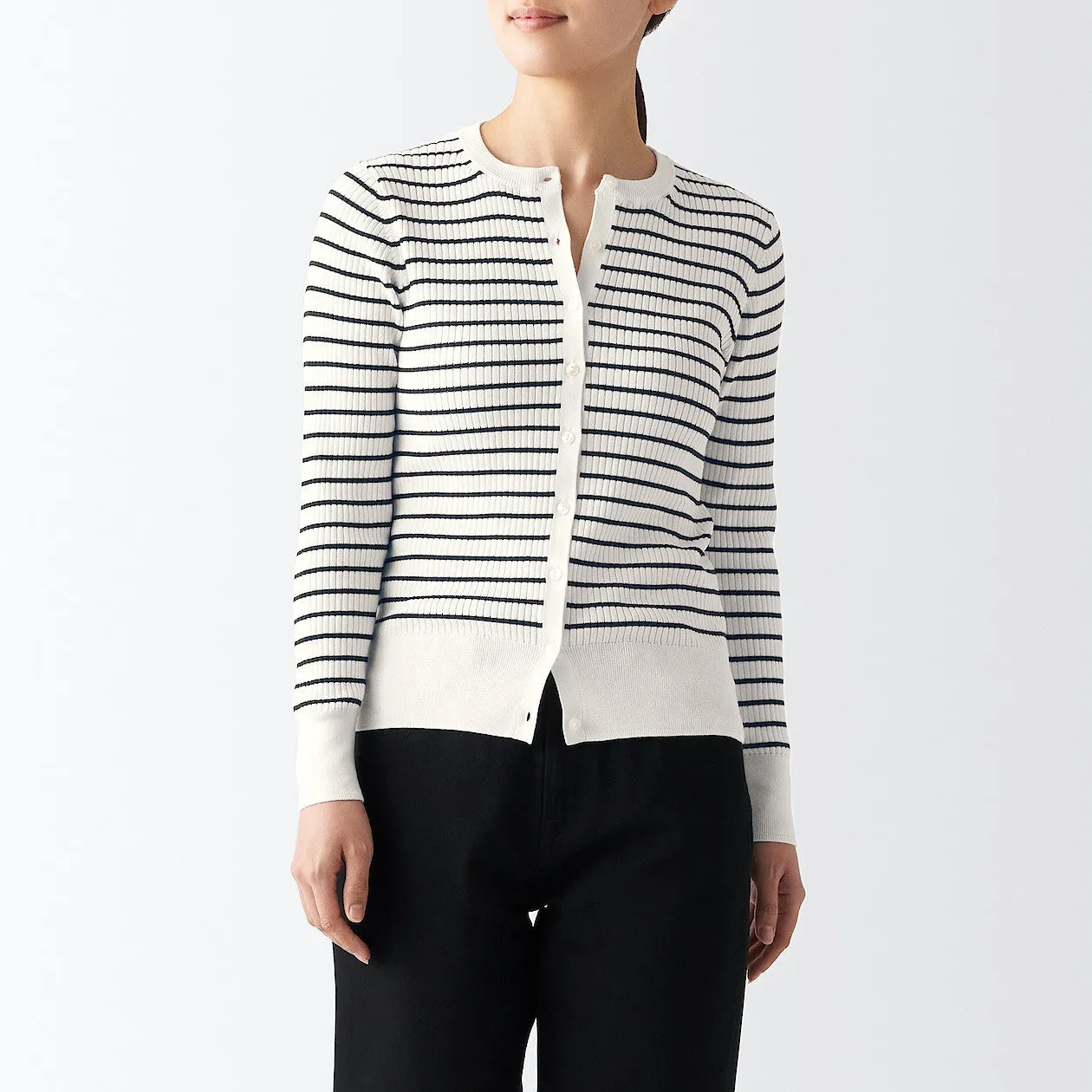 Cotton Silk Ribbed Crewneck Cardigan