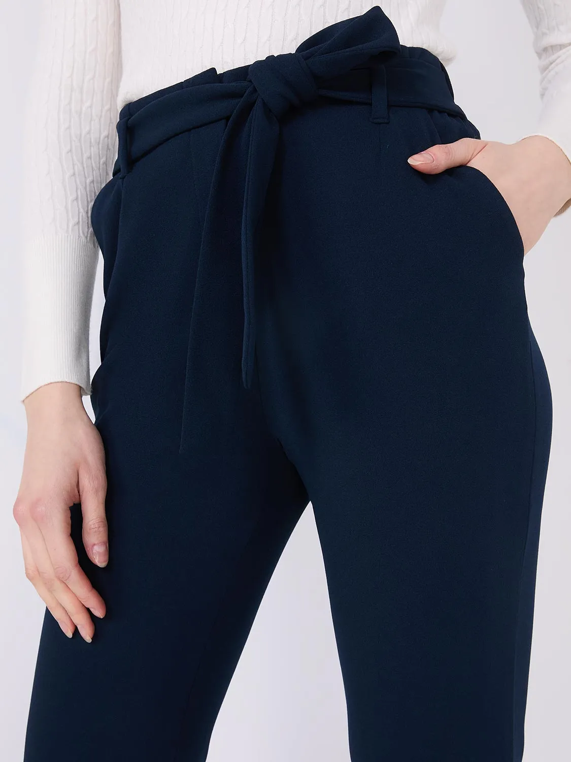 Crepe High-Waisted Sash Belt Pants