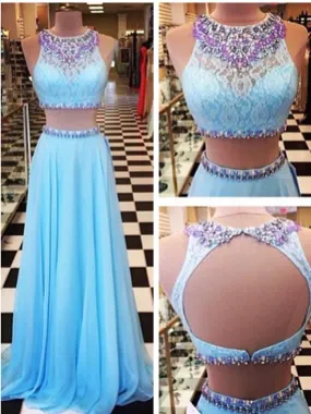 Custom Made A Line 2 Pieces Blue Long Lace Prom Dress, Backless Lace Formal Dress