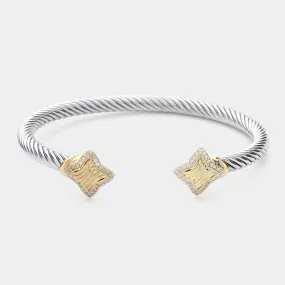 CZ Stone Paved Two Tone Quatrefoil Cable Cuff Bracelet