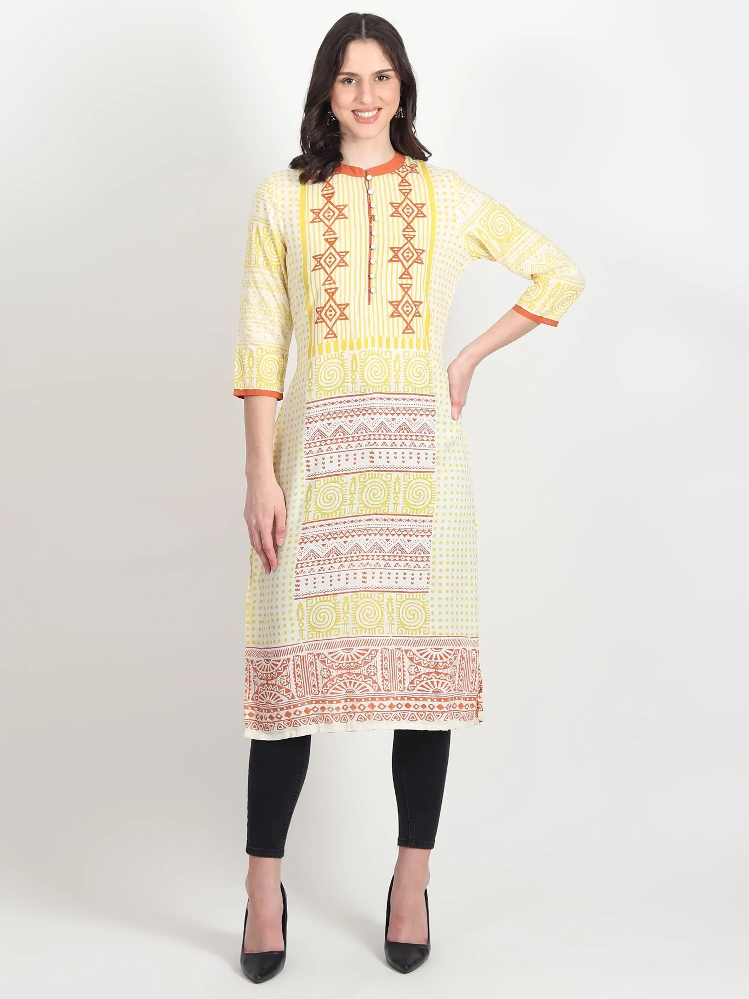 DALIA Hand Block Printed Straight Kurti  Geometric ,Tribal Motifs