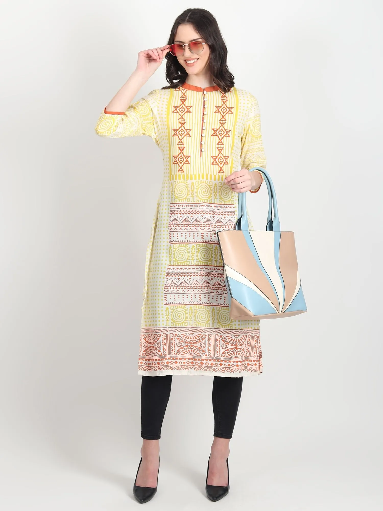 DALIA Hand Block Printed Straight Kurti  Geometric ,Tribal Motifs