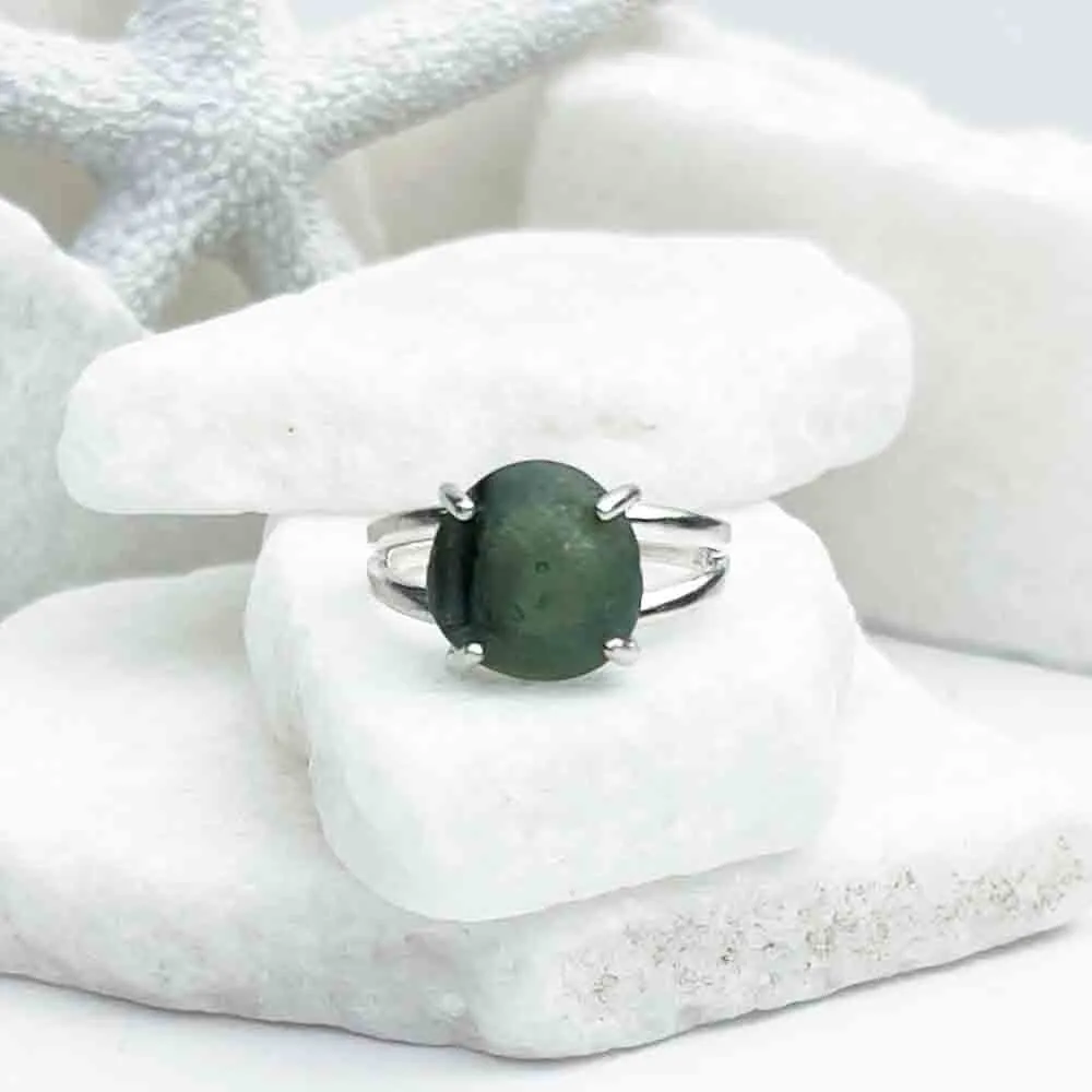 Deep Green Marble Sea Glass Ring in Sterling Silver Size 7 | #1844