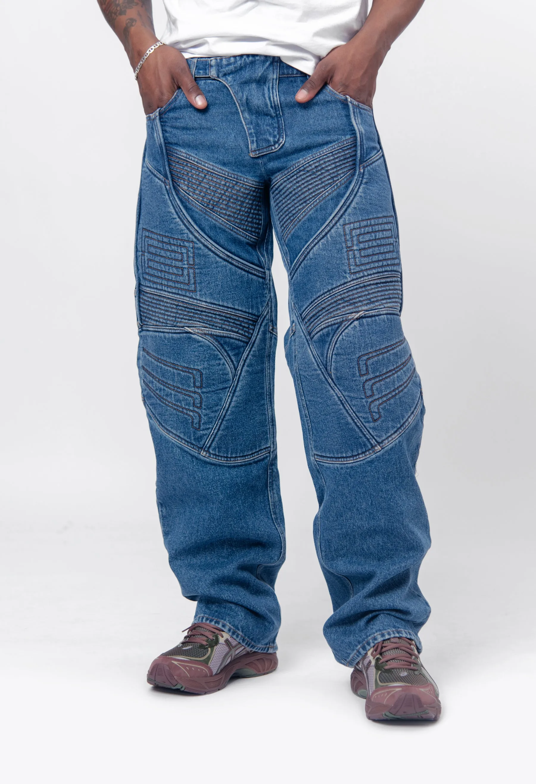 Denim Biker Trousers Mid Blue FN-MN-TROU000914