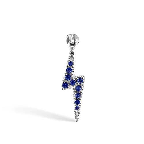 Diamond and Sapphire Lightning Bolt Threaded Charm Earring by Maria Tash in 14K White Gold. Flat Stud.