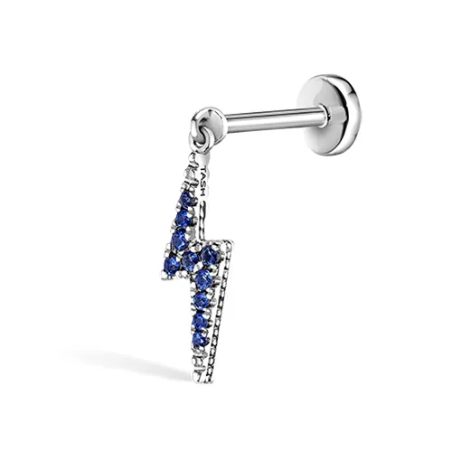 Diamond and Sapphire Lightning Bolt Threaded Charm Earring by Maria Tash in 14K White Gold. Flat Stud.