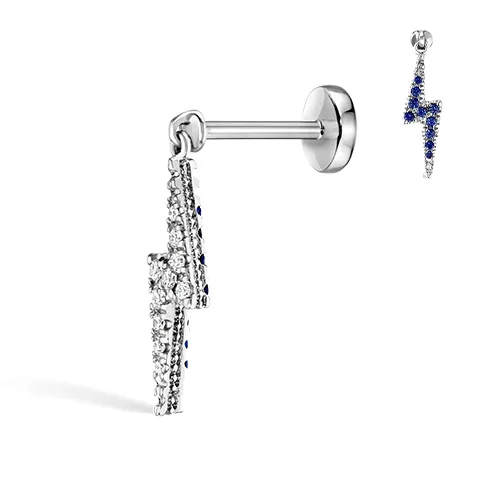 Diamond and Sapphire Lightning Bolt Threaded Charm Earring by Maria Tash in 14K White Gold. Flat Stud.