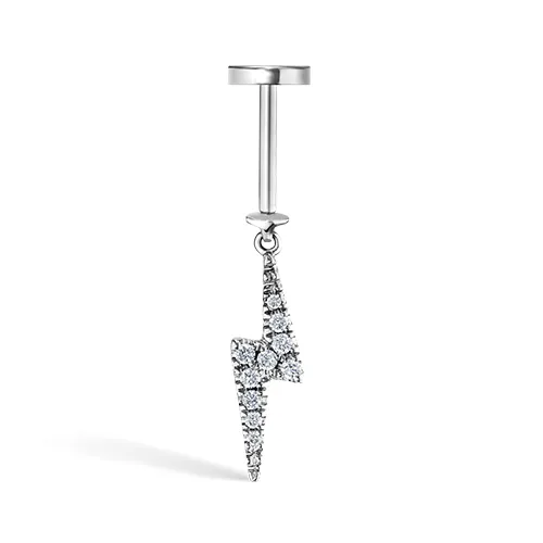 Diamond and Sapphire Lightning Bolt Threaded Charm Earring by Maria Tash in 14K White Gold. Flat Stud.