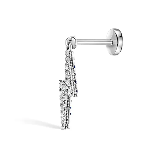 Diamond and Sapphire Lightning Bolt Threaded Charm Earring by Maria Tash in 14K White Gold. Flat Stud.