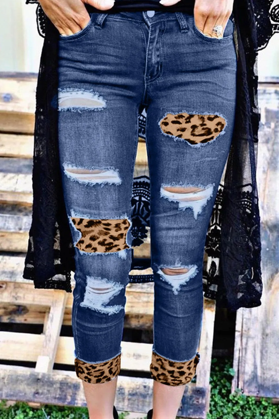 Distressed Leopard Patches Blue Skinny Jeans