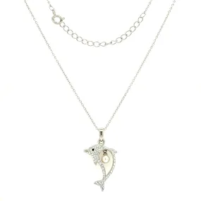 Dolphin Necklace With 4mm White Pearl and White Crystals in Sterling Silver