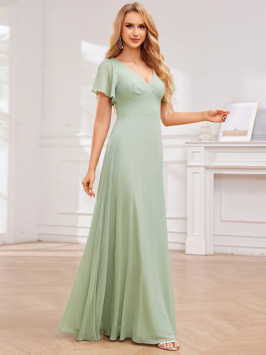 Elegant Bandage Backless Chiffon Evening Dresses with Ruffles Sleeve