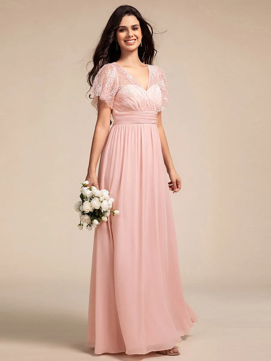 Elegant Embroidery Glitter See-Through Lotus Leaf Sleeves Chiffon Dresses with Hollow back