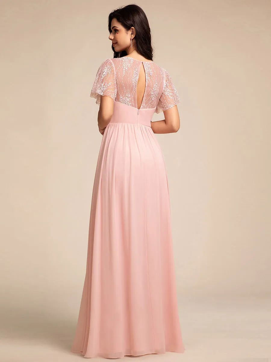 Elegant Embroidery Glitter See-Through Lotus Leaf Sleeves Chiffon Dresses with Hollow back