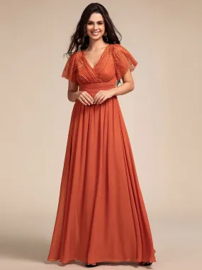 Elegant Embroidery Glitter See-Through Lotus Leaf Sleeves Chiffon Dresses with Hollow back