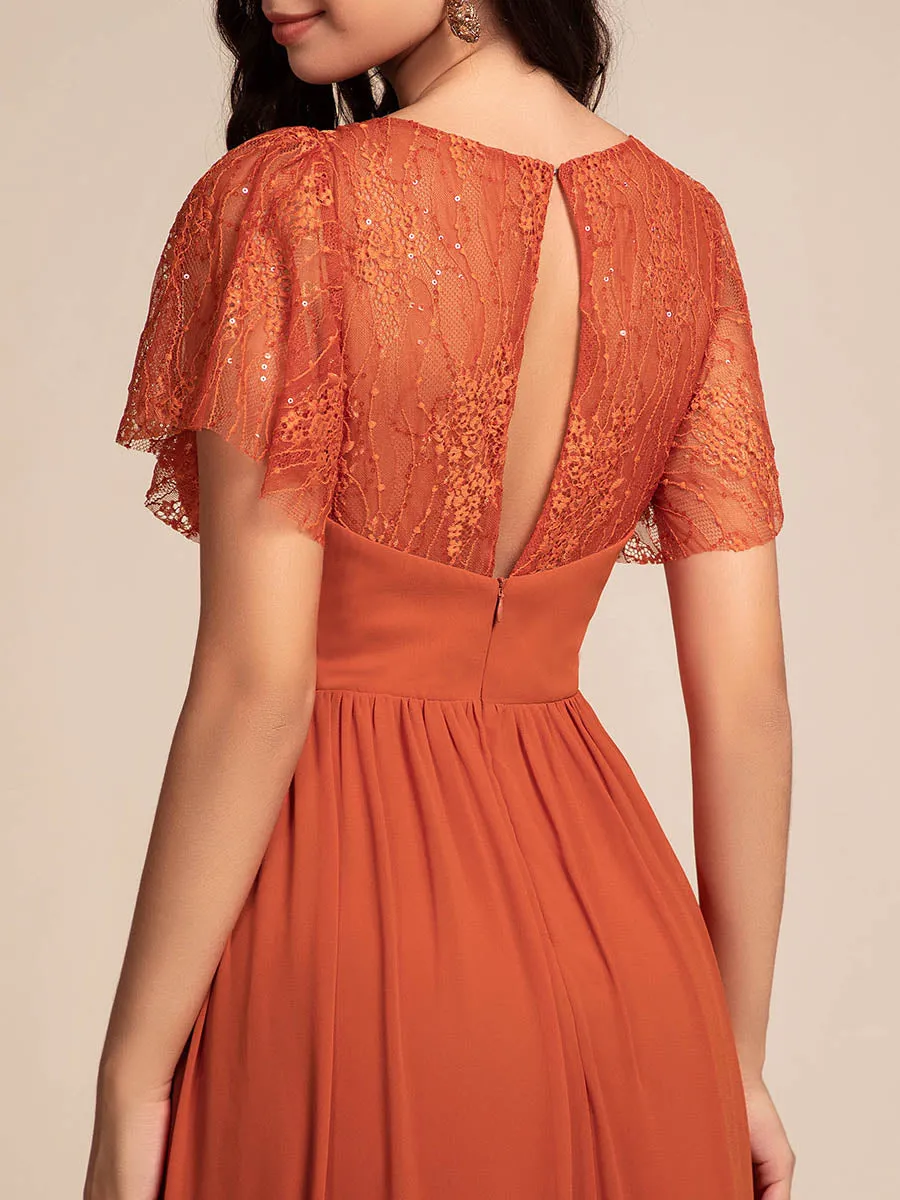 Elegant Embroidery Glitter See-Through Lotus Leaf Sleeves Chiffon Dresses with Hollow back