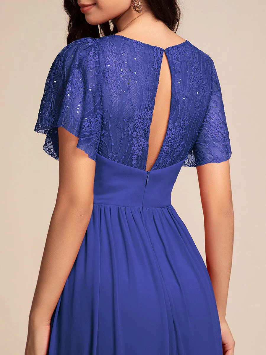 Elegant Embroidery Glitter See-Through Lotus Leaf Sleeves Chiffon Dresses with Hollow back