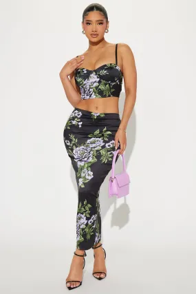 Fiona Floral Satin Skirt Set - Black