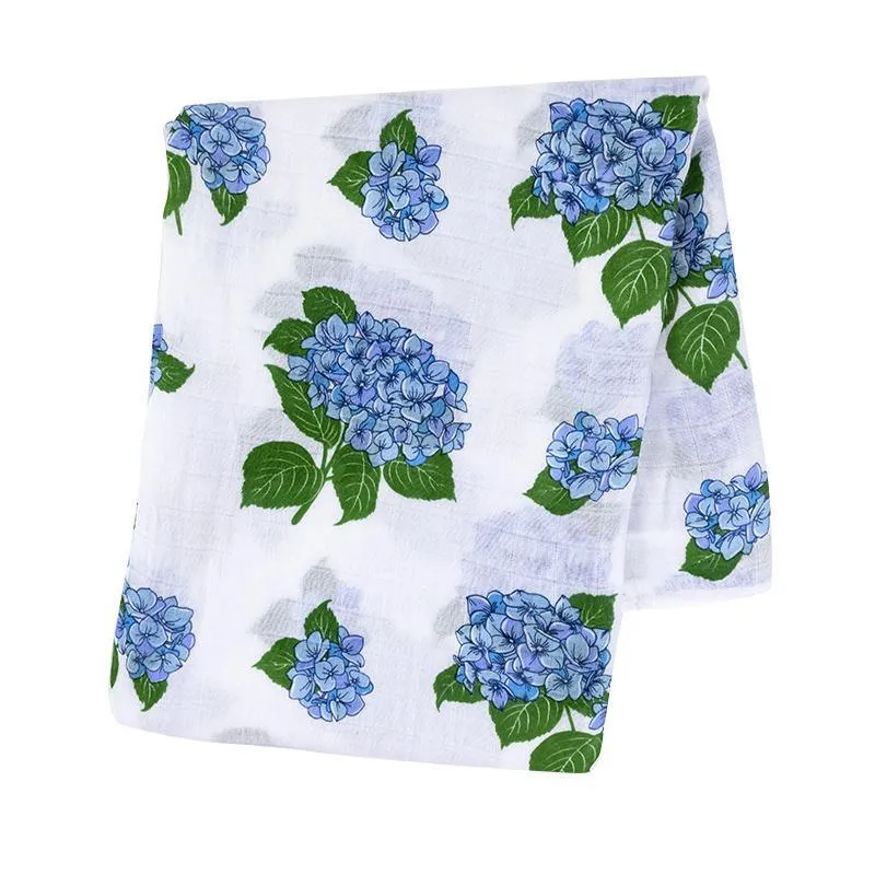 Gift Set: Hydrangeas Baby Muslin Swaddle Blanket and Burp Cloth/Bib Combo