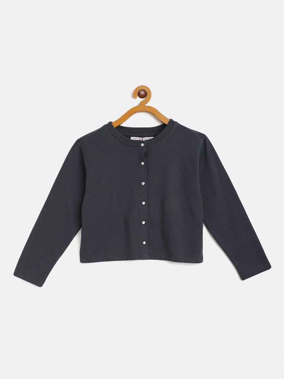 Girls Navy Terry Front Button Boxy Top