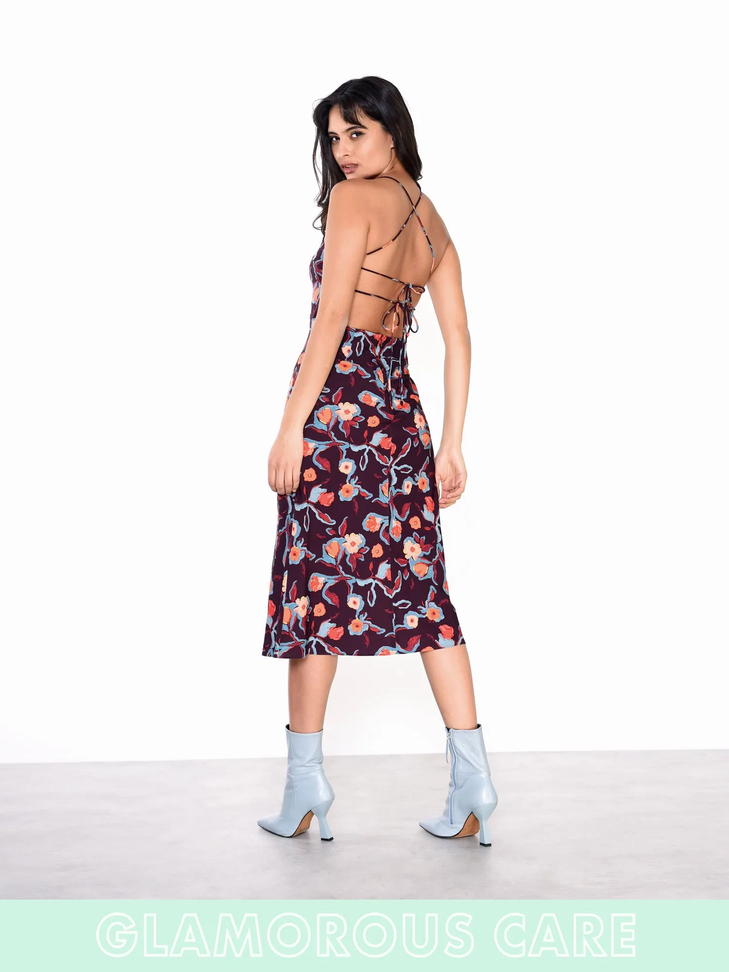 Glamorous Care Plum Abstract Floral strappy Tie Back Midi Dress