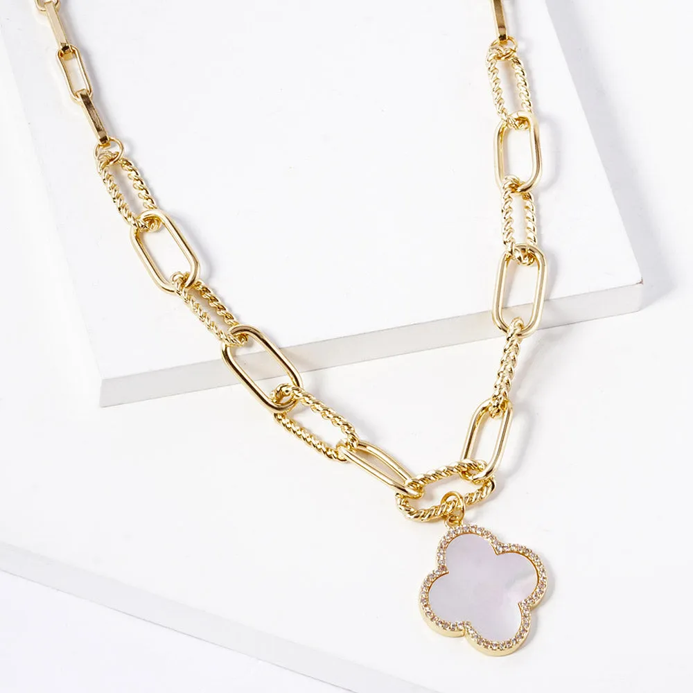 Gold Dipped Quatrefoil Pendant Paperclip Chain Necklace