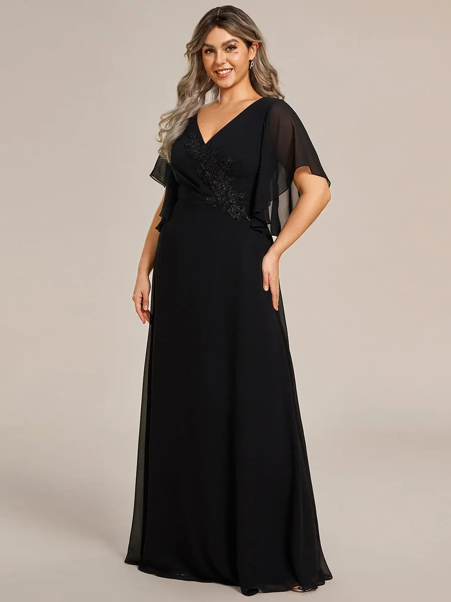 Graceful Plus Size A-line Ruffles Sleeve Chiffon Mother of the Bride Dress with Applique