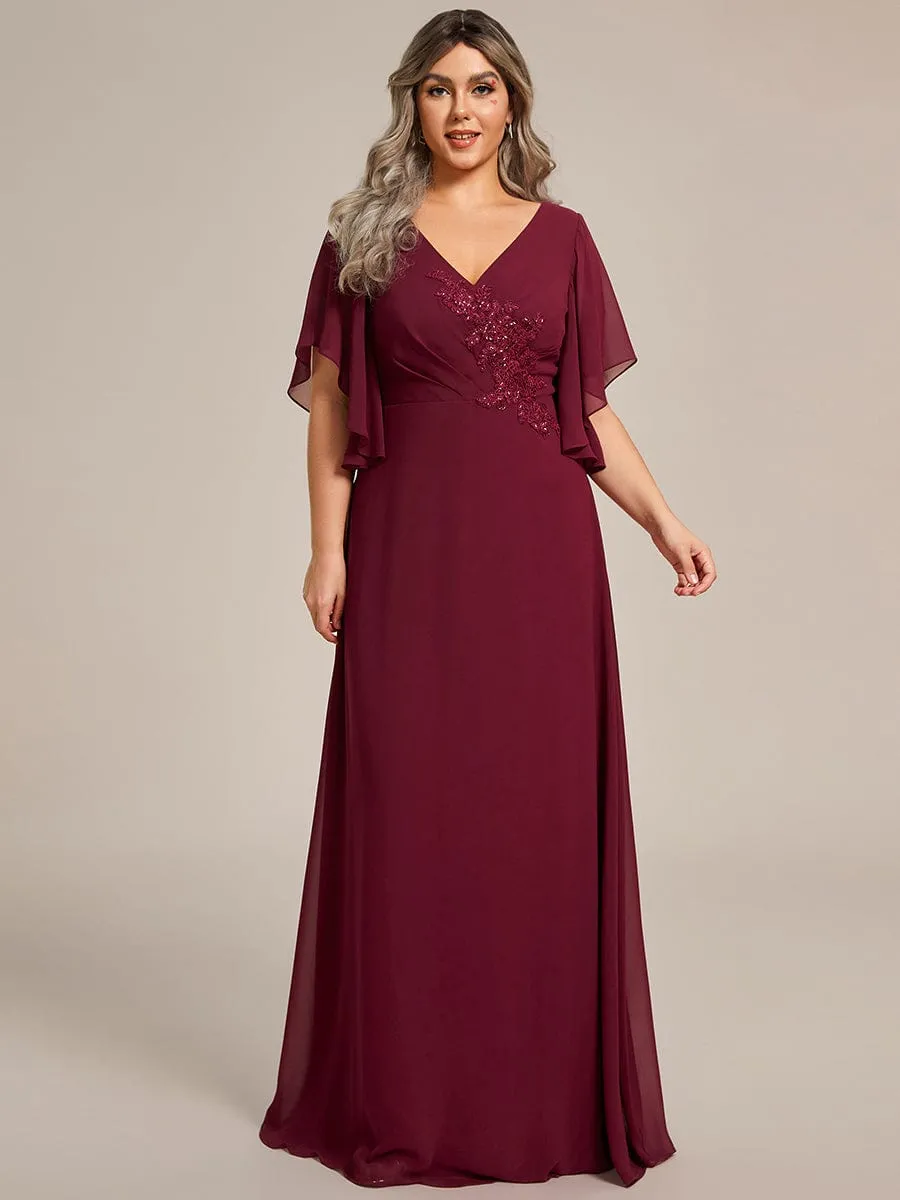 Graceful Plus Size A-line Ruffles Sleeve Chiffon Mother of the Bride Dress with Applique