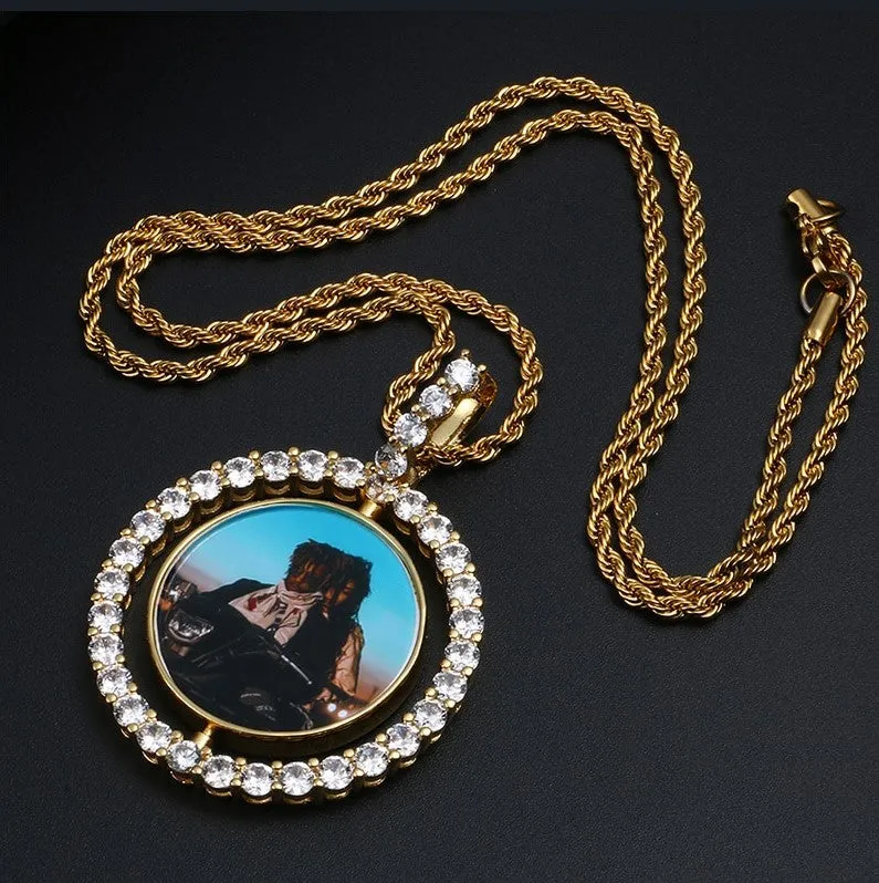 Hip Hop Necklace-Custom Photo Rotating Double-sided Medallions Pendant Necklace