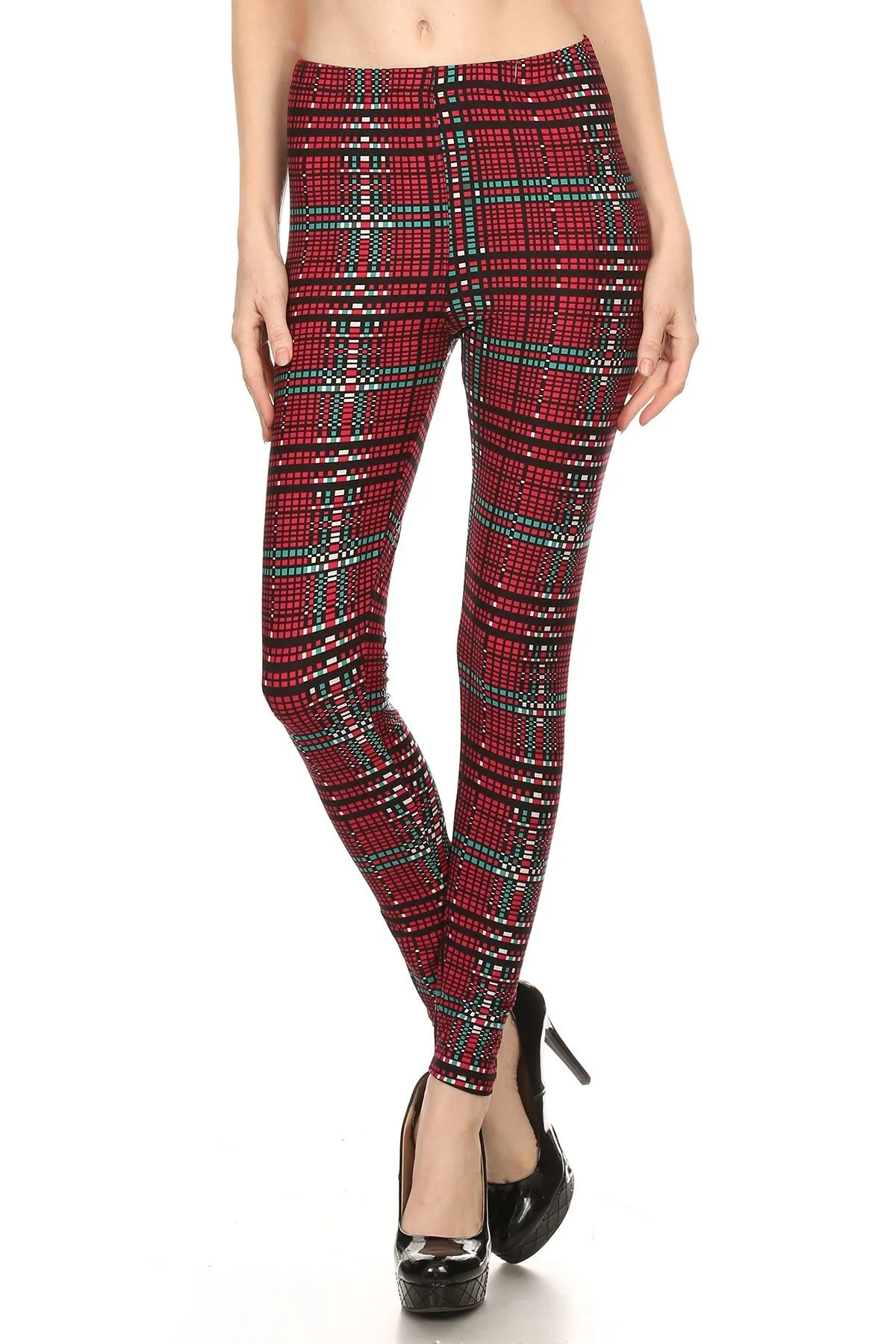 iZZYZX Women's Plus Burgundy Digital Plaid Pattern Printed Leggings