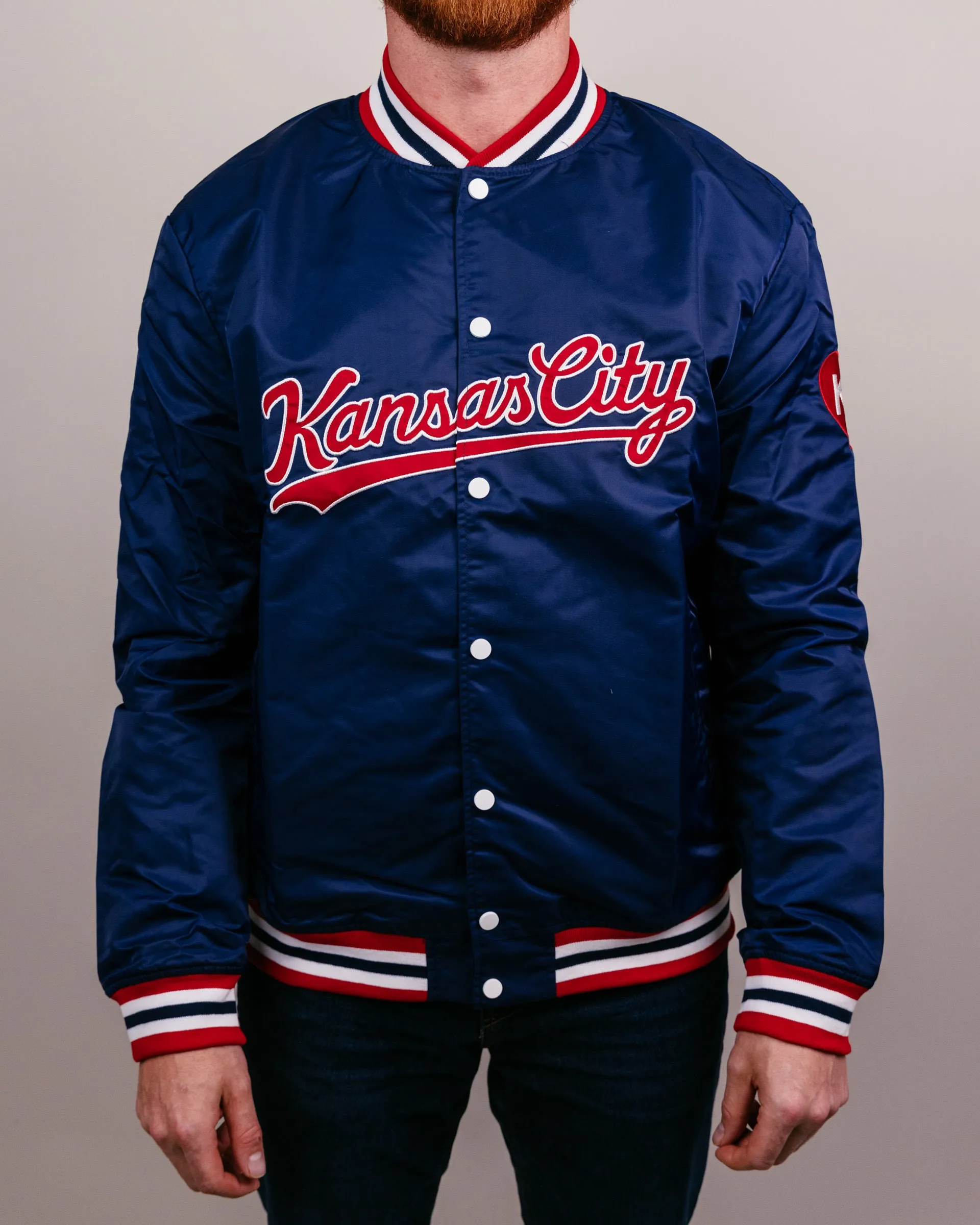 Kansas City Script Navy Blue Varsity Jacket