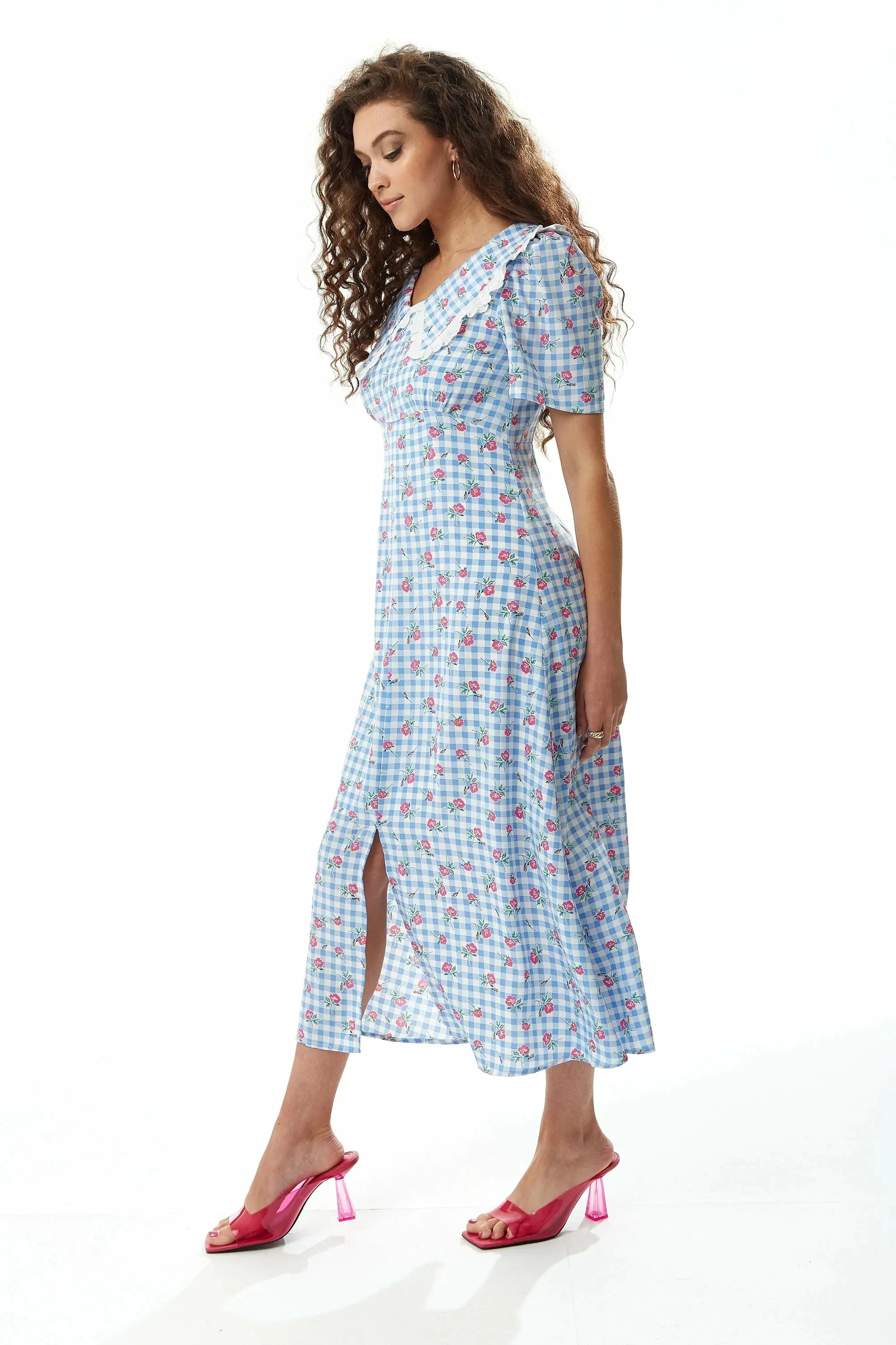 Liquorish Gingham Floral Midi Dress In With Lace