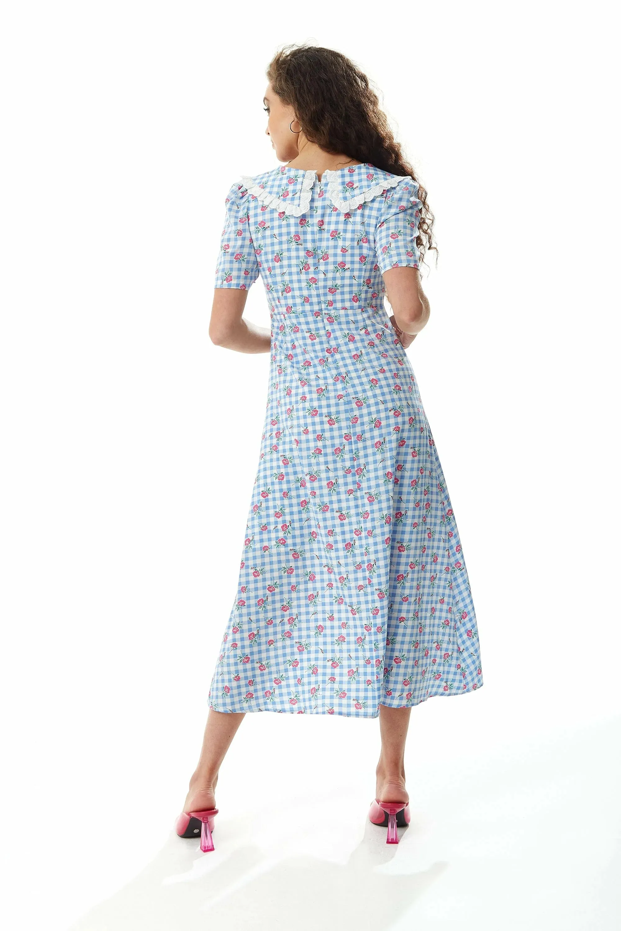 Liquorish Gingham Floral Midi Dress In With Lace