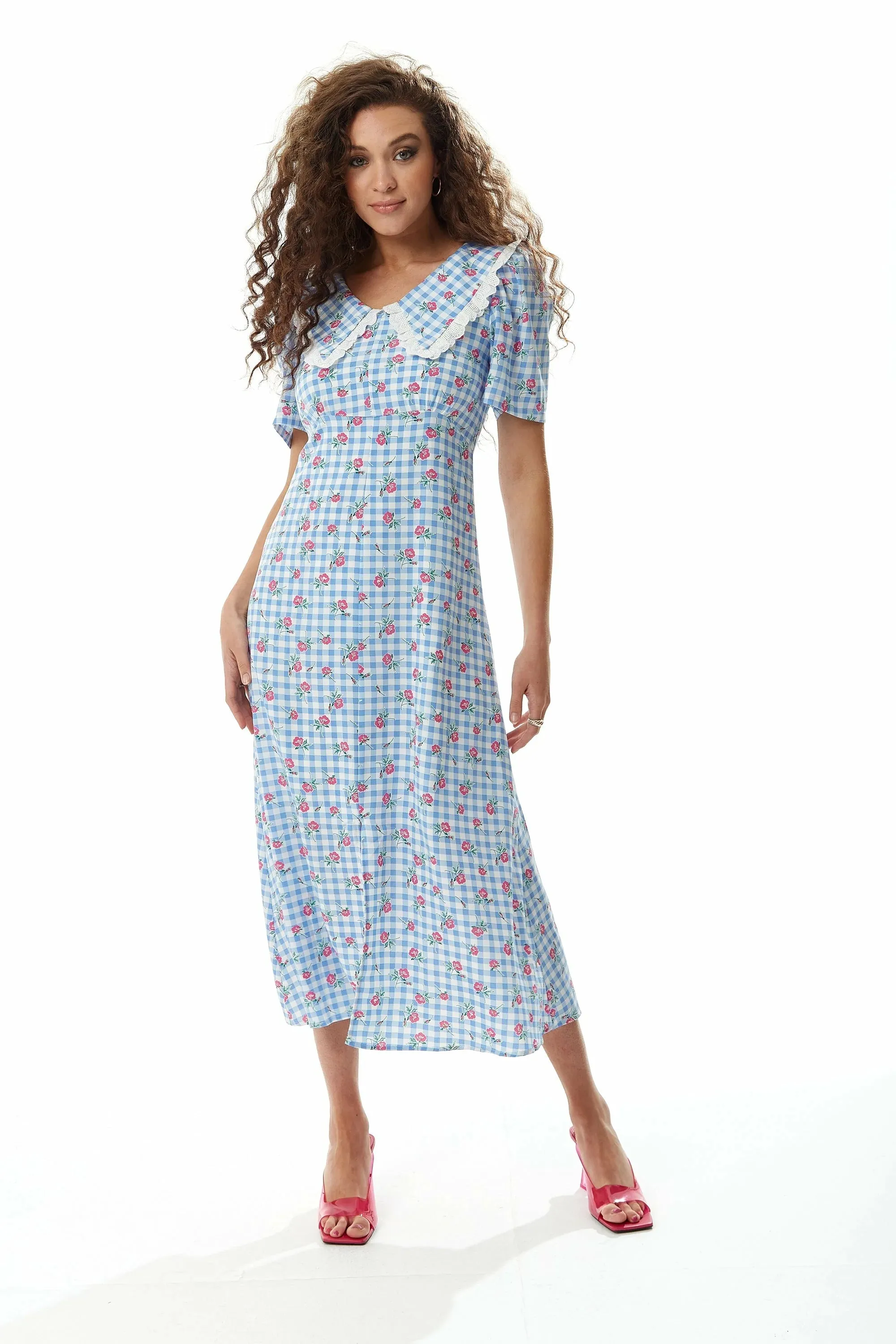 Liquorish Gingham Floral Midi Dress In With Lace