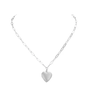 Matte Metal Heart Locket Pendant Paperclip Chain Necklace