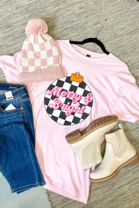 Merry & Bright Checker Graphic Tee, Light Pink