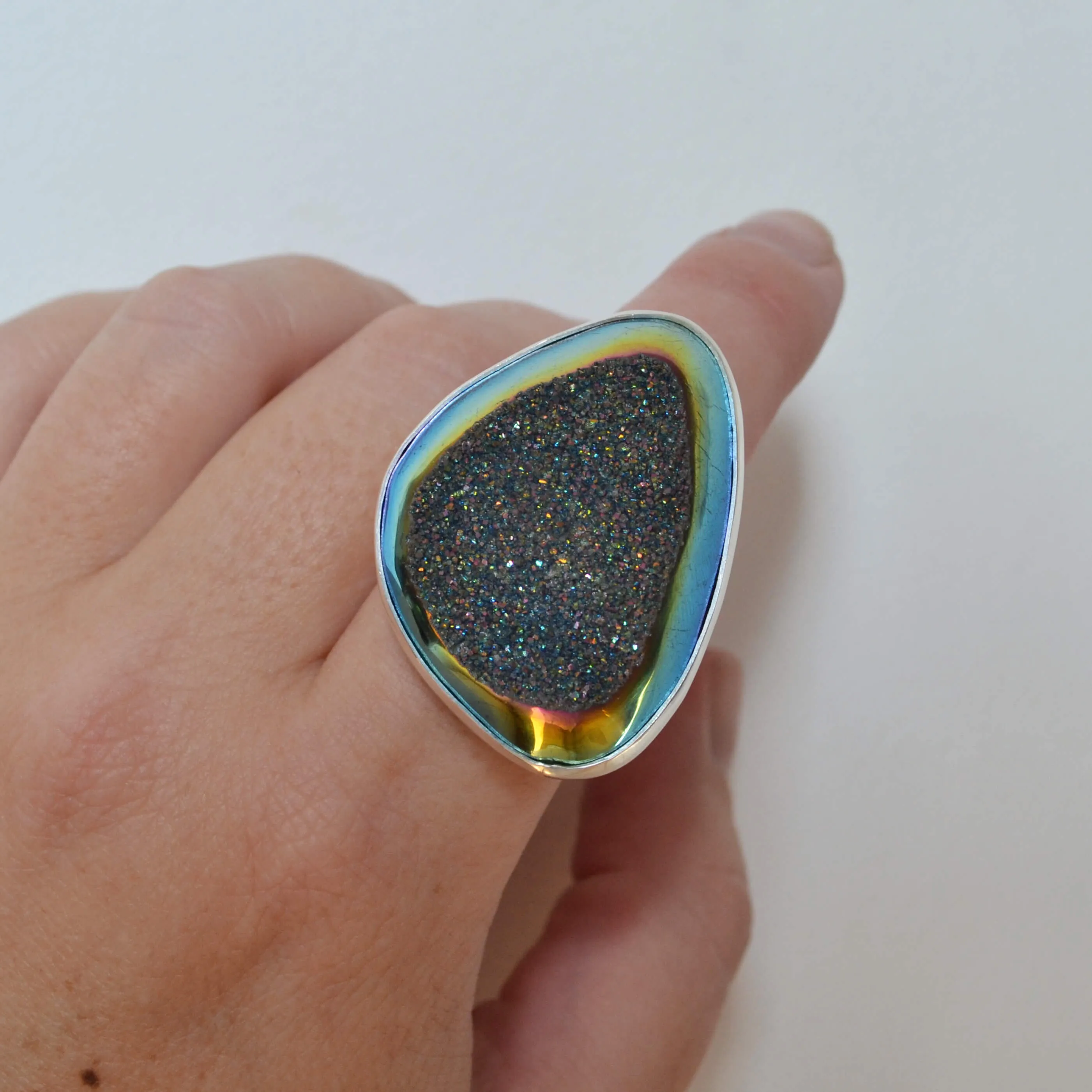 Metallic Rainbow Druzy Sterling Silver Ring, One of a Kind