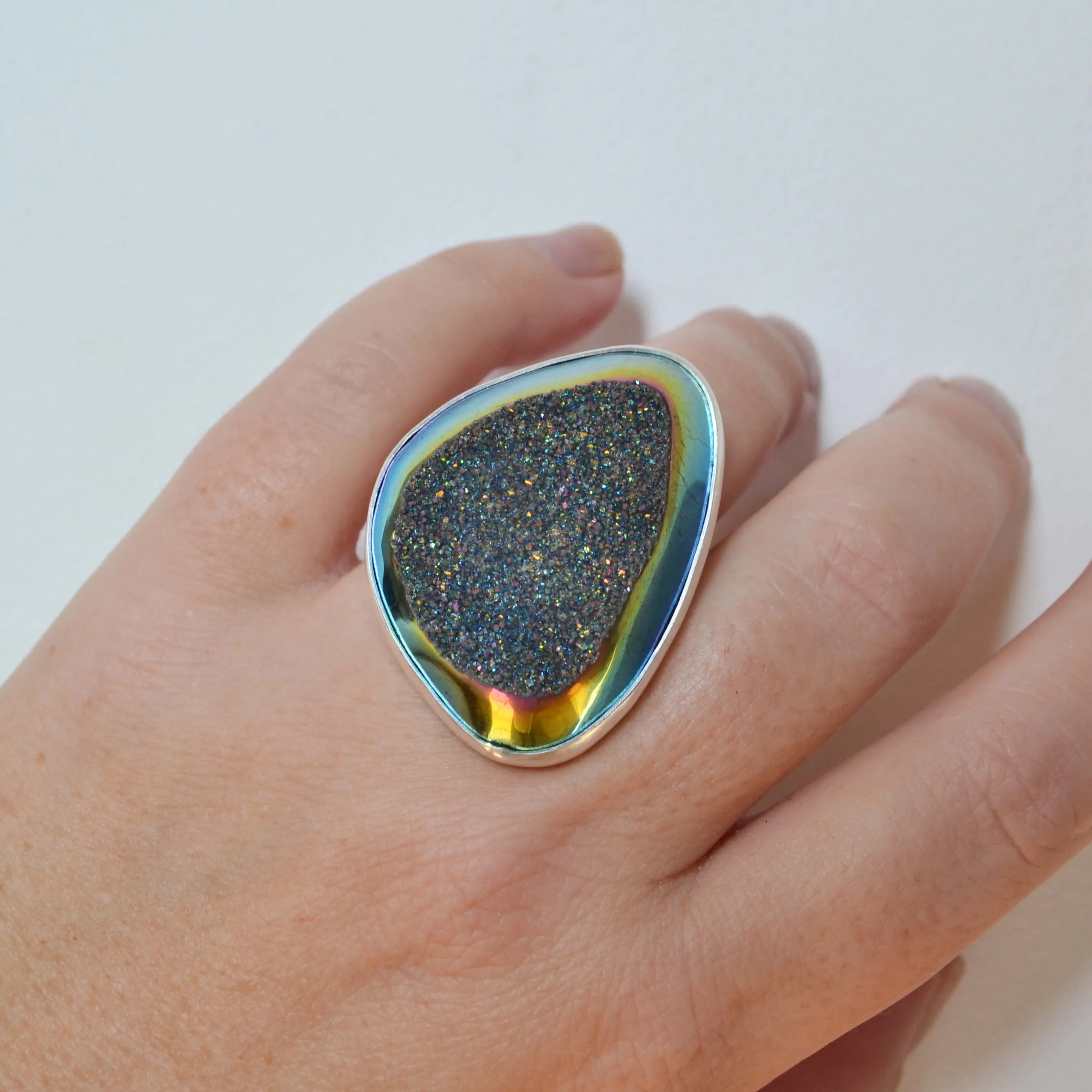 Metallic Rainbow Druzy Sterling Silver Ring, One of a Kind