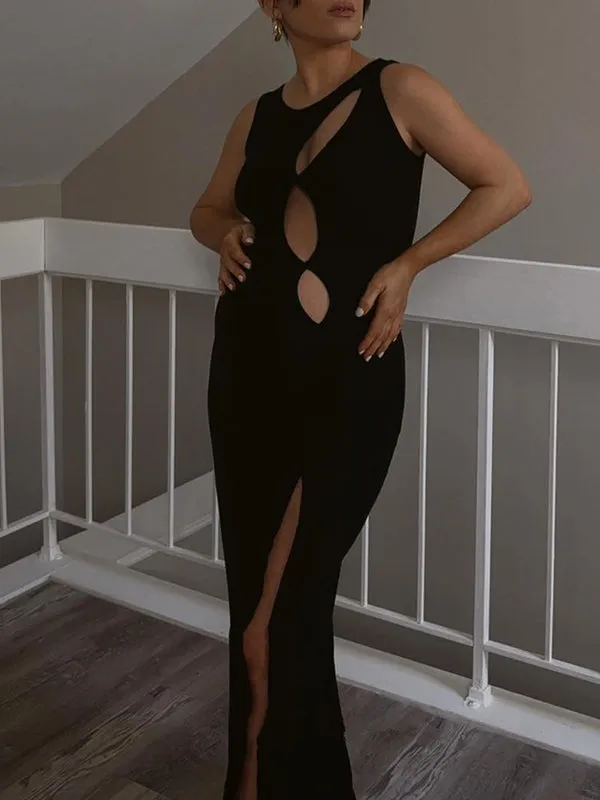 Momnfancy Black Backless Cut Out Halter Neck Side Slit Party Going Out Maternity Photoshoot Midi Dress