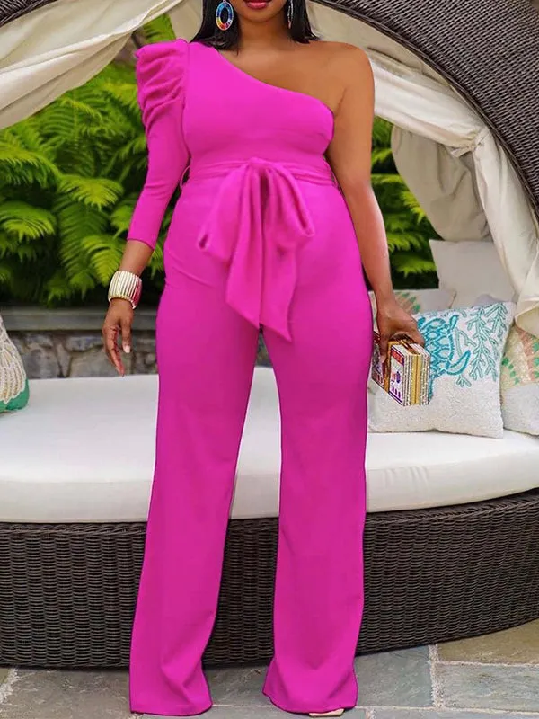 Momnfancy Oblique Shoulder Long Sleeve Belt Evening Maternity Jumpsuit