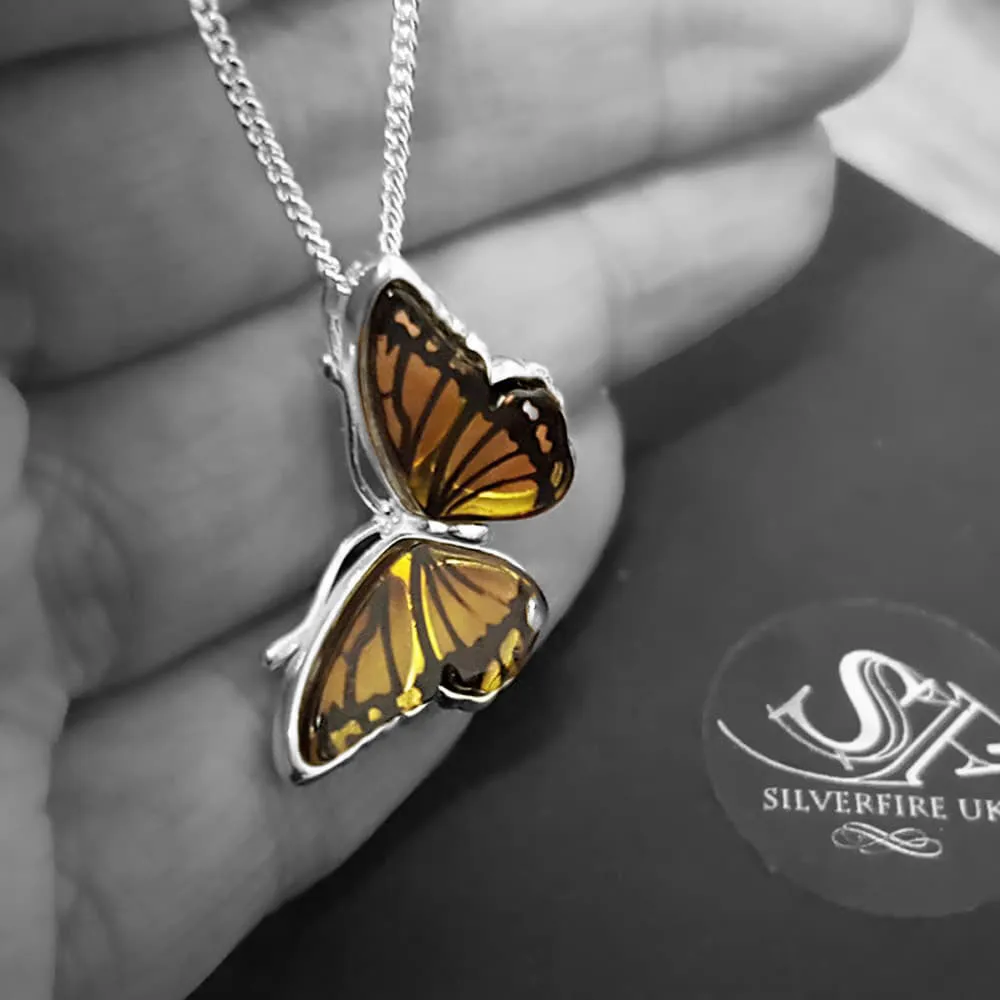 Monarch Butterfly Necklace, Amber and Sterling Silver Butterfly Necklace, Butterfly Jewellery