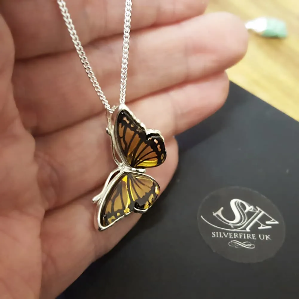 Monarch Butterfly Necklace, Amber and Sterling Silver Butterfly Necklace, Butterfly Jewellery