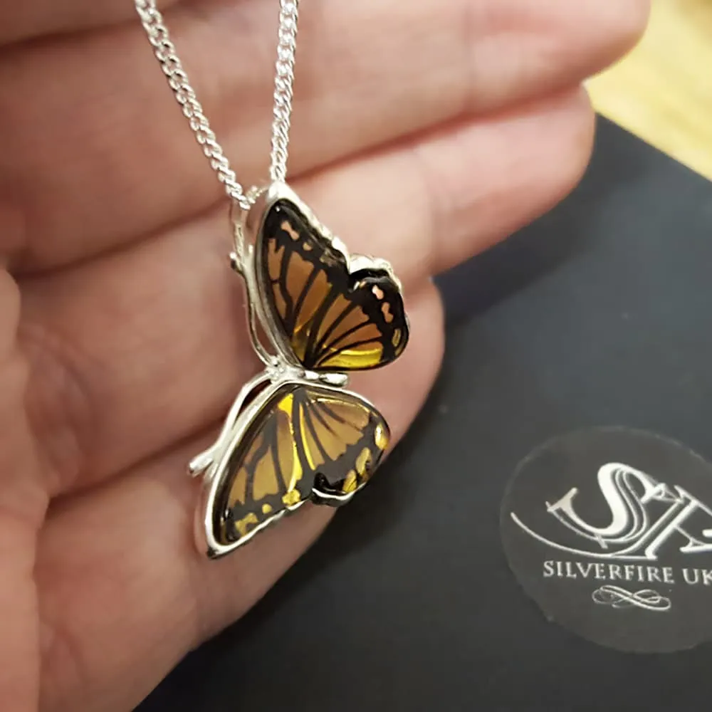 Monarch Butterfly Necklace, Amber and Sterling Silver Butterfly Necklace, Butterfly Jewellery