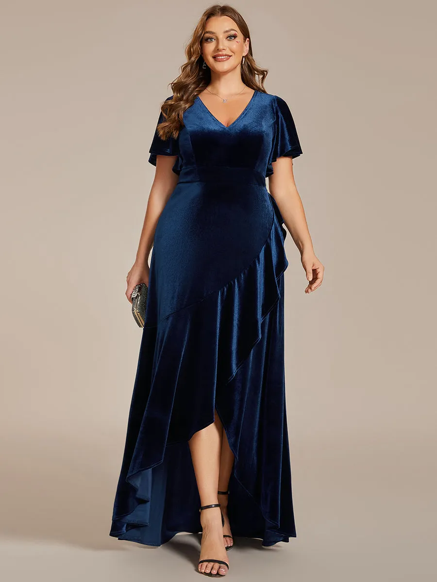 Plus Lotus Leaf Ruffles High-low V Neck Wholesale Evening Dress with Short Sleeves