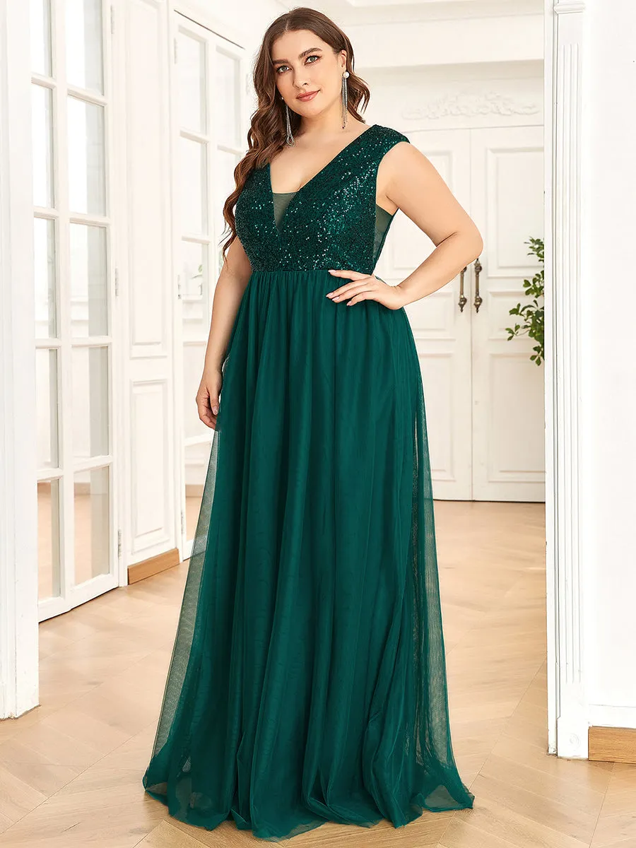 Plus Size Glamorous Sleeveless A Line Wholesale Evening Dresses with Deep V Neck