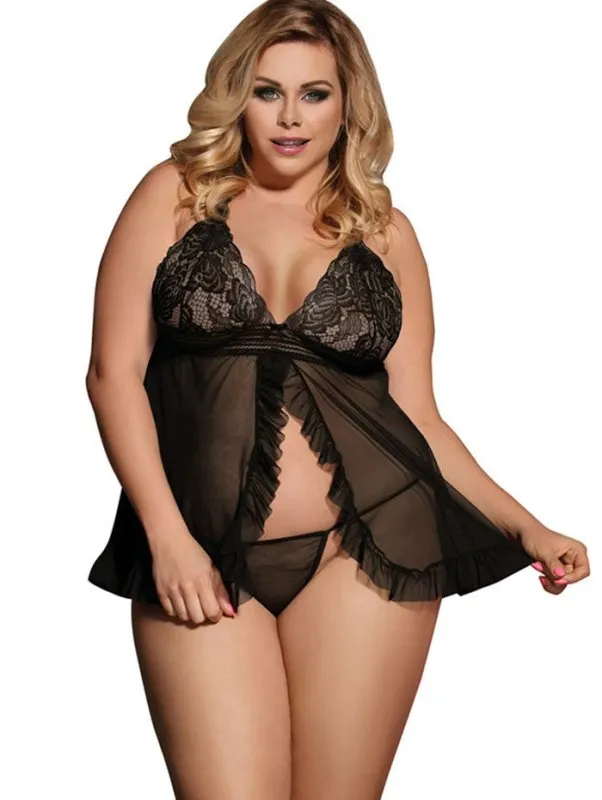 Plus Size Scalloped Trim Lace Panel Babydoll