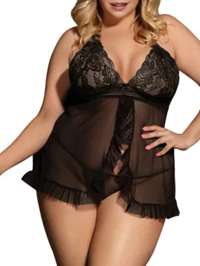 Plus Size Scalloped Trim Lace Panel Babydoll