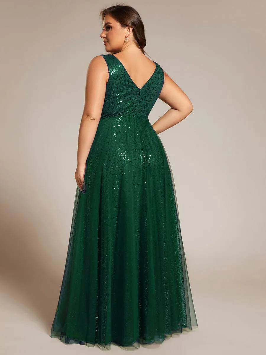 Plus Size Sequin V-Neck Sleeveless Empire Waist Tulle Formal Evening Dress