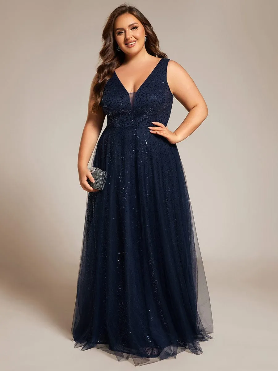 Plus Size Sequin V-Neck Sleeveless Empire Waist Tulle Formal Evening Dress