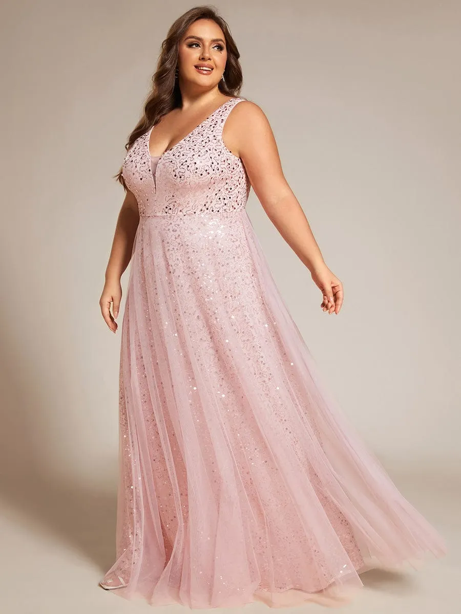 Plus Size Sequin V-Neck Sleeveless Empire Waist Tulle Formal Evening Dress